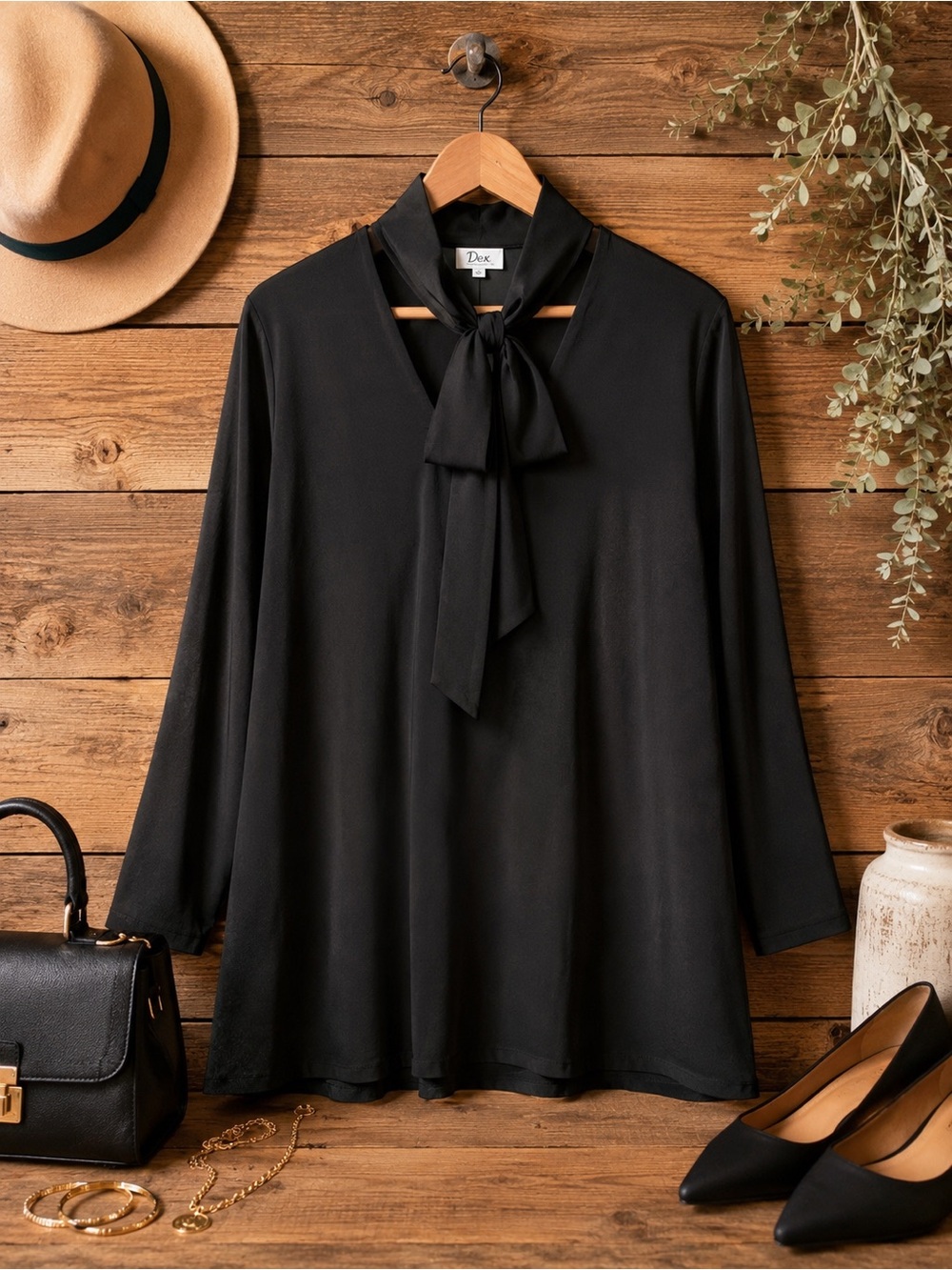 Dex XL NWT Black Tie-Neck Tunic Blouse | Elegant Long Sleeve